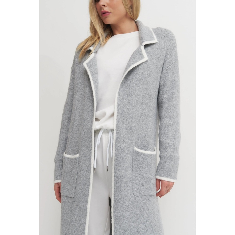 MABLE Women Grey Knit Longline Coatigan Open Front Cardigan White Trim M